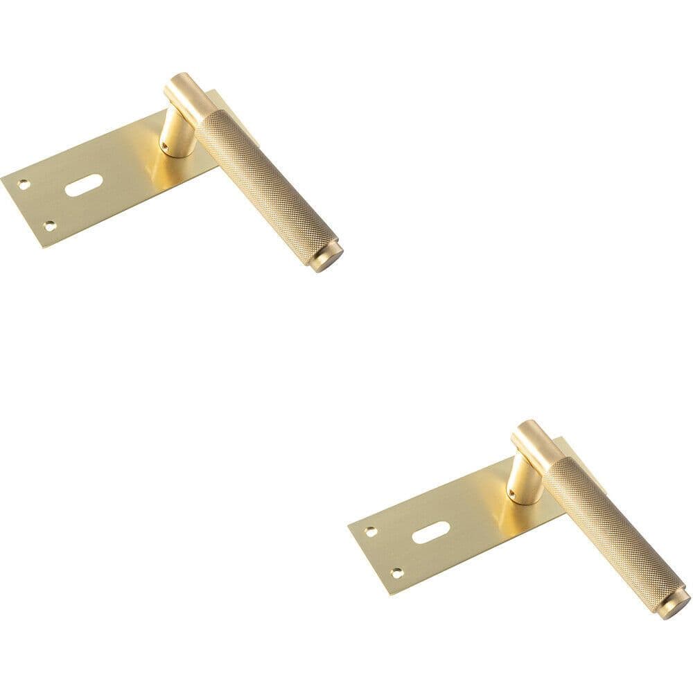 2x PAIR Knurled Round Handle on Slim Lock Backplate 150 x 50mm Satin Brass