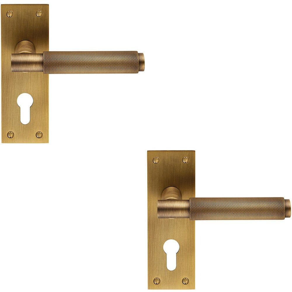 2x PAIR Knurled Round Lever on Slim Euro Lock Backplate 150 x 50mm Antique Brass