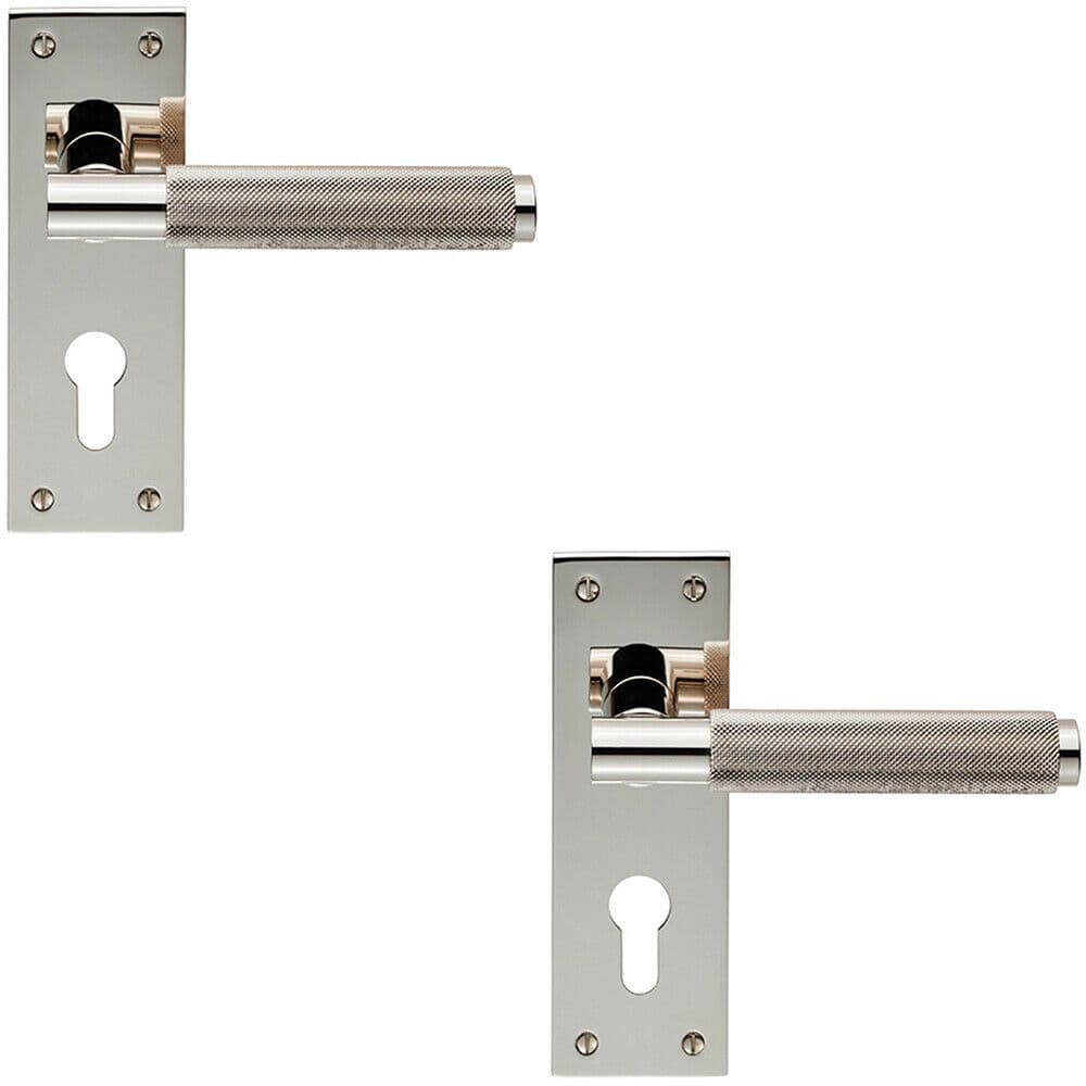 2x PAIR Knurled Round Lever on Slim Euro Lock Backplate 150 x 50mm Nickel