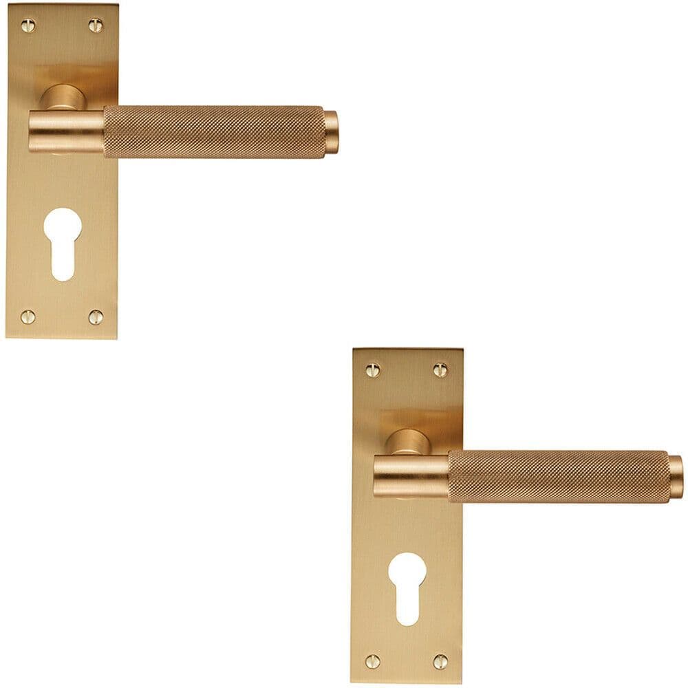2x PAIR Knurled Round Handle on Slim Euro Lock Backplate 150 x 50mm Satin Brass