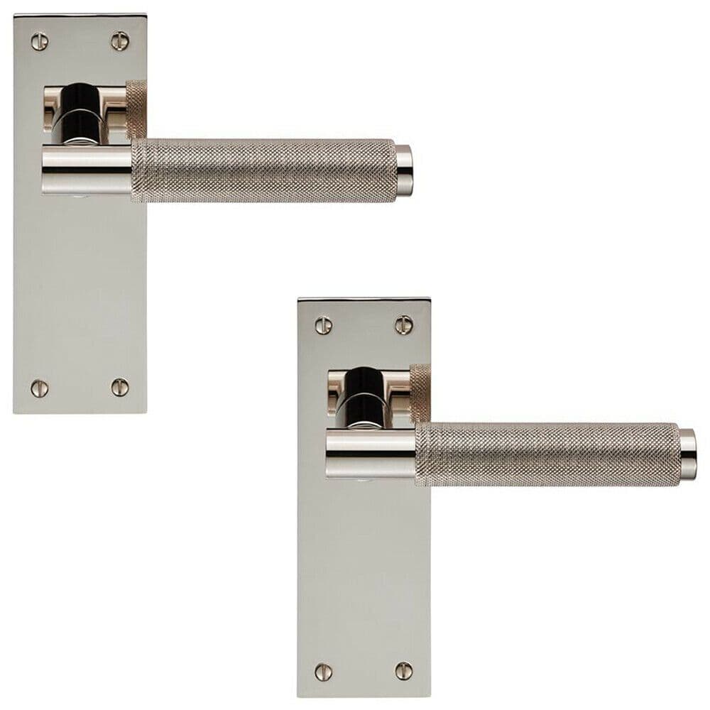 2x PAIR Knurled Round Handle on Slim Latch Backplate 150 x 50mm Polished Nickel