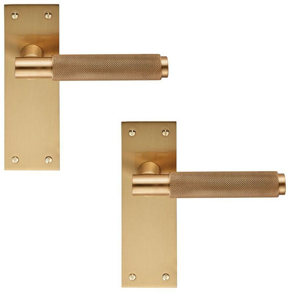 2x PAIR Knurled Round Handle on Slim Latch Backplate 150 x 50mm Satin Brass