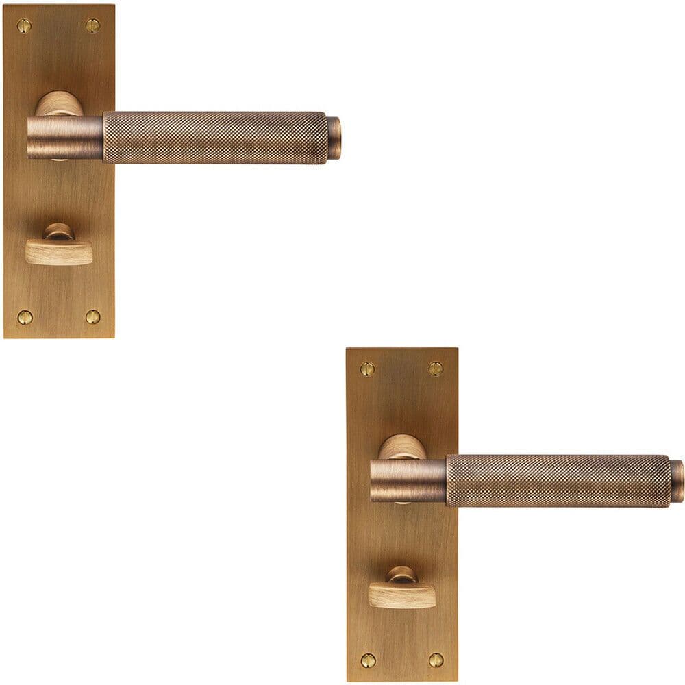 2x PAIR Knurled Round Lever on Slim Bathroom Backplate 150 x 50mm Antique Brass