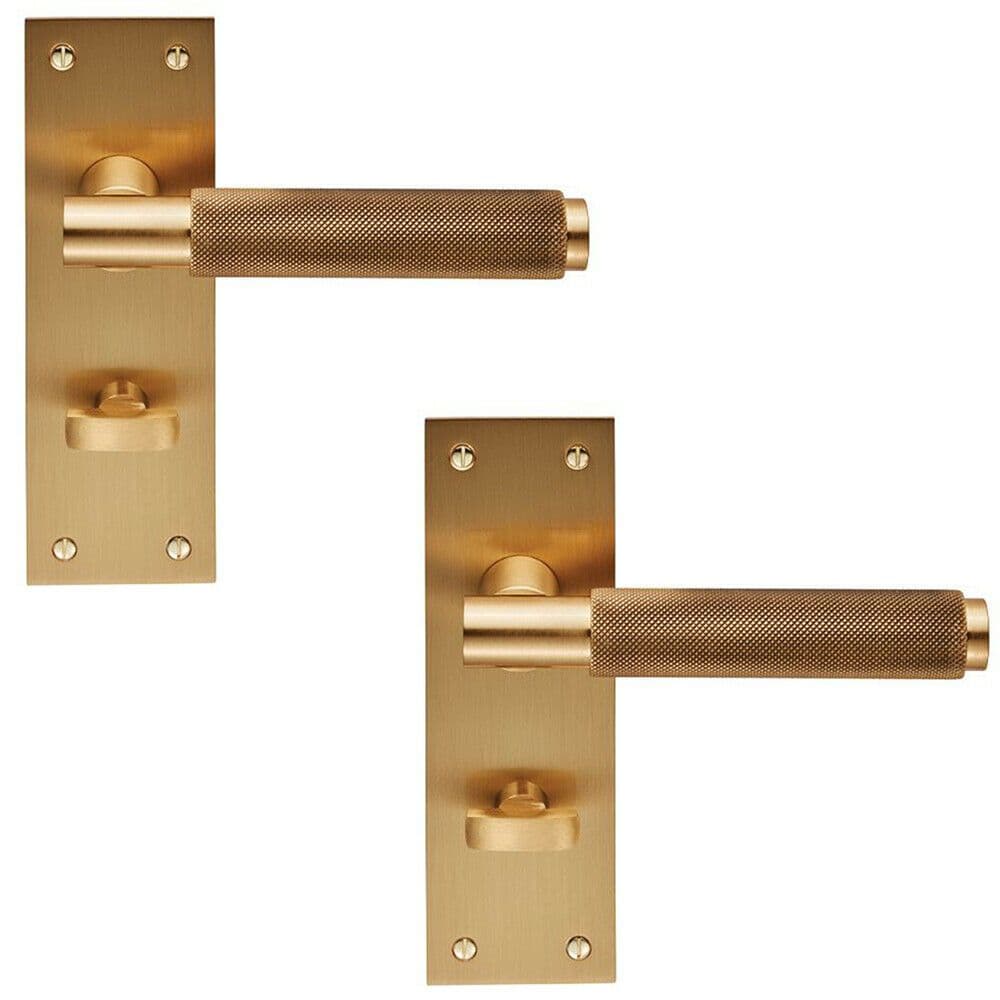 2x PAIR Knurled Round Handle on Slim Bathroom Backplate 150 x 50mm Satin Brass