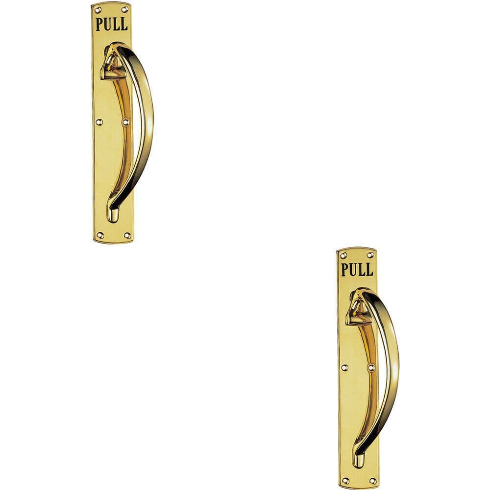 2x Curved Right Handed Door Pull Handle Engraved Pull Polished Brass