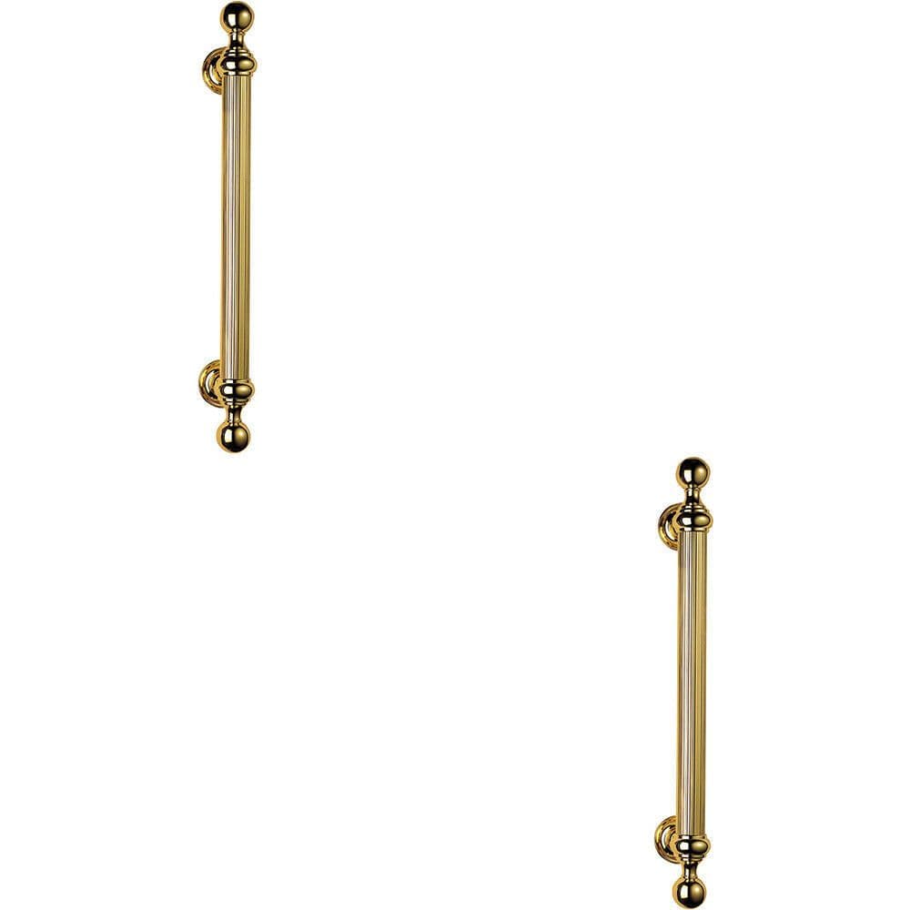 2x Ornate Pull Handle with Reeded Grip 353mm Fixing Centres Polished Brass