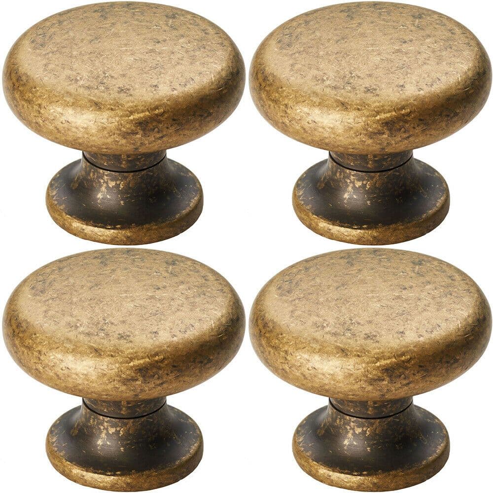 4x Flat Faced Round Door Knob 34mm Diameter Antique Brass Small Cabinet Handle