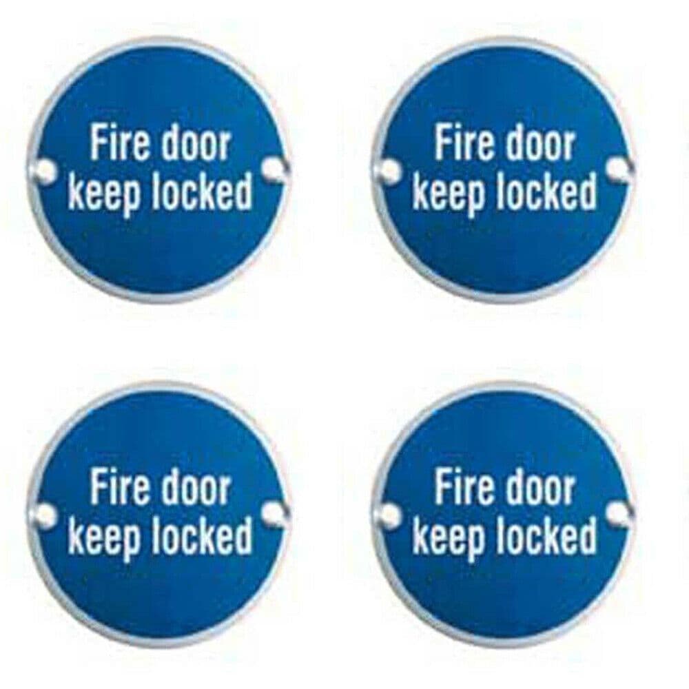 4x Fire Door Keep Locked Sign 64mm Fixing Centres 76mm Dia Satin Steel