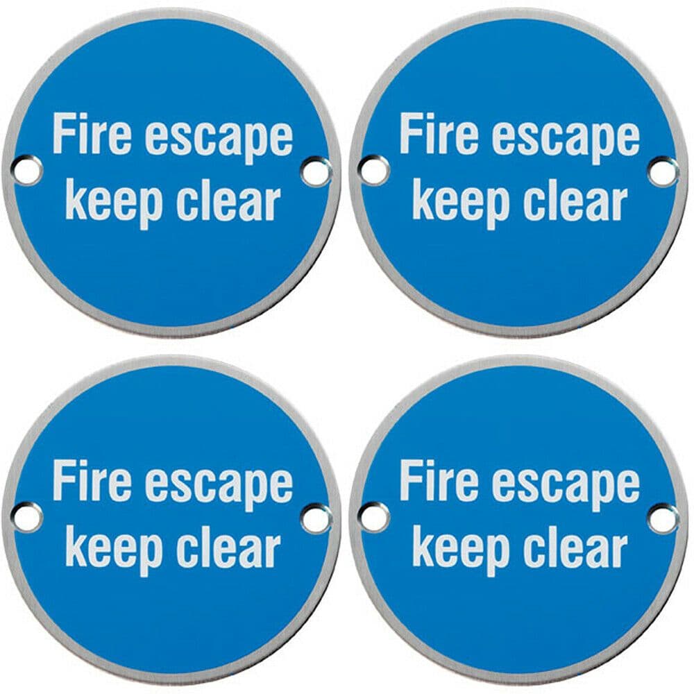 4x Fire Door Keep Clear Sign 64mm Fixing Centres 76mm Dia Satin Steel
