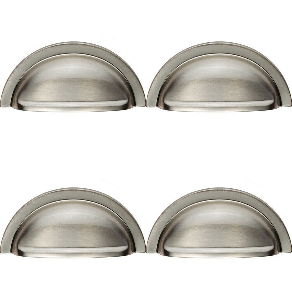 4x Cabinet Cup Pull Handle 91 x 45mm 76mm Fixing Centres Satin Nickel