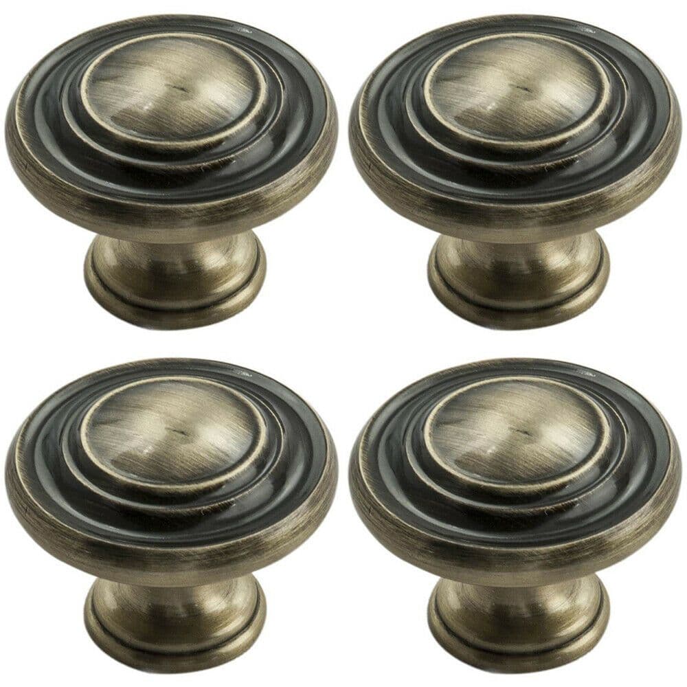 4x Round Ringed Pattern Door Knob 32mm Diameter Antique Burnished Brass Handle