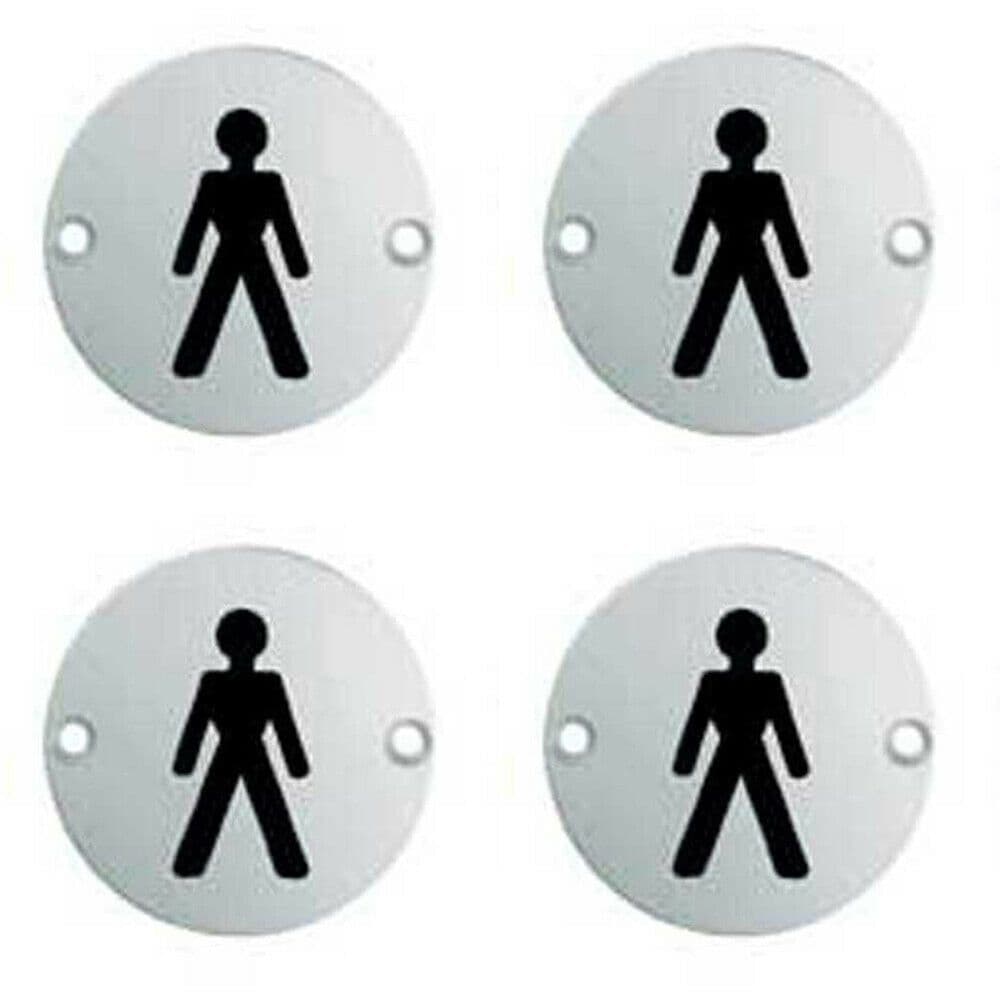 4x Bathroom Door Male Symbol Sign 64mm Fixing Centres 76mm Dia Polished Steel