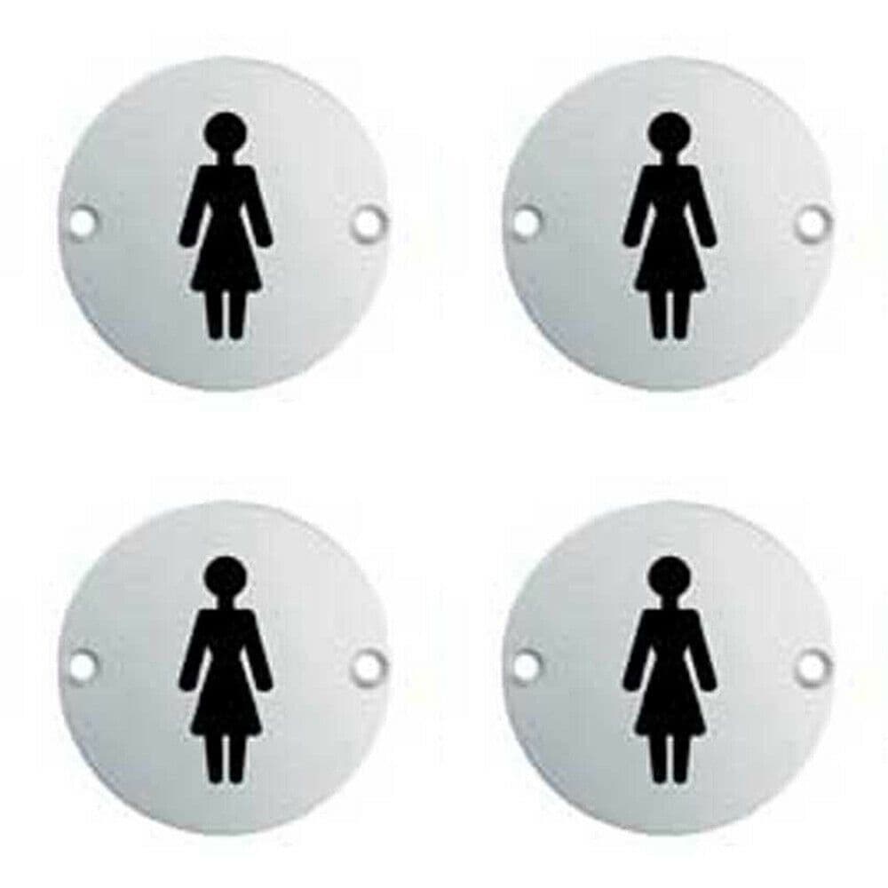 4x Bathroom Door Female Symbol Sign 64mm Fixing Centres 76mm Dia Polished Steel