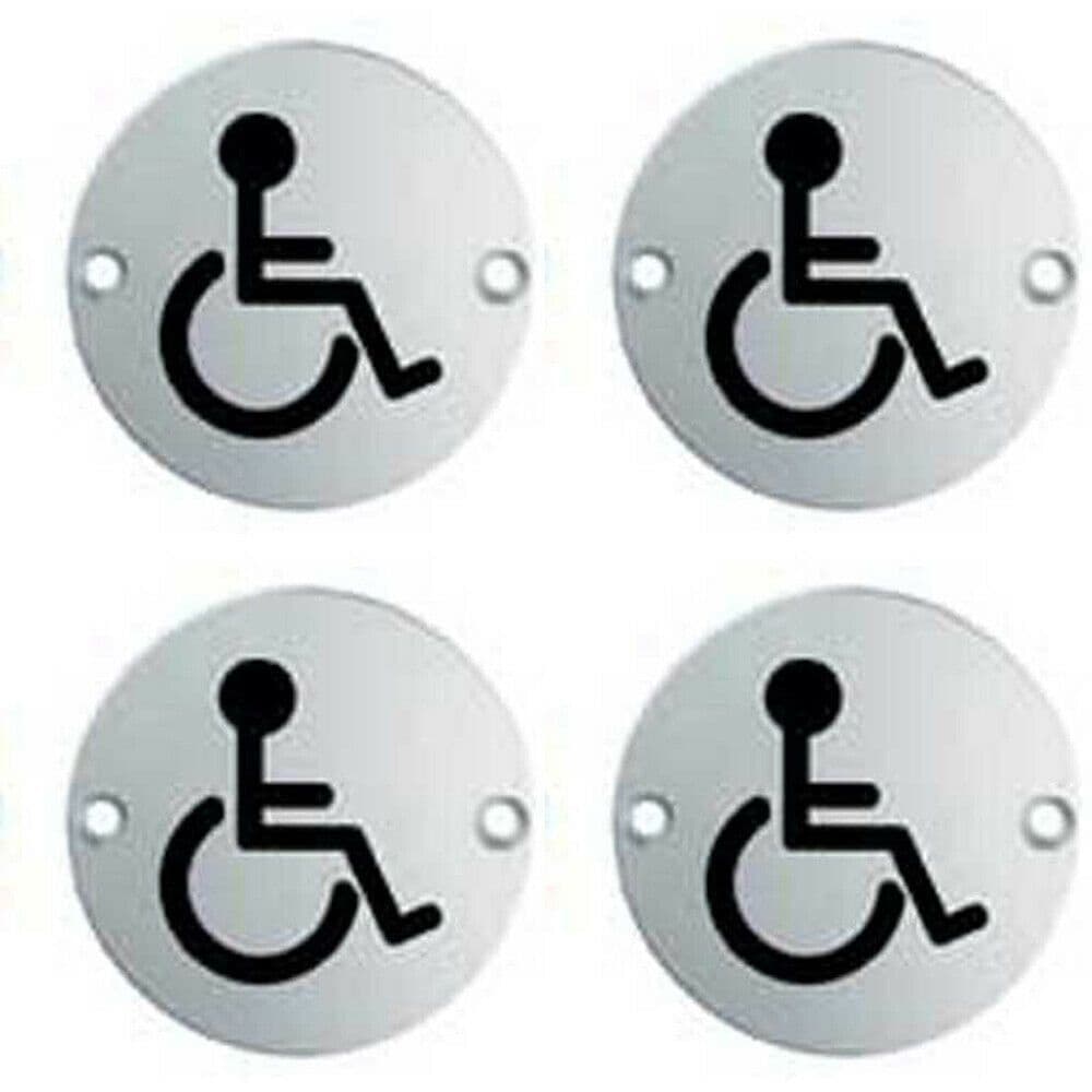 4x Bathroom Door Disabled Symbol Sign 64mm Fixing Centres 76mm Dia Steel
