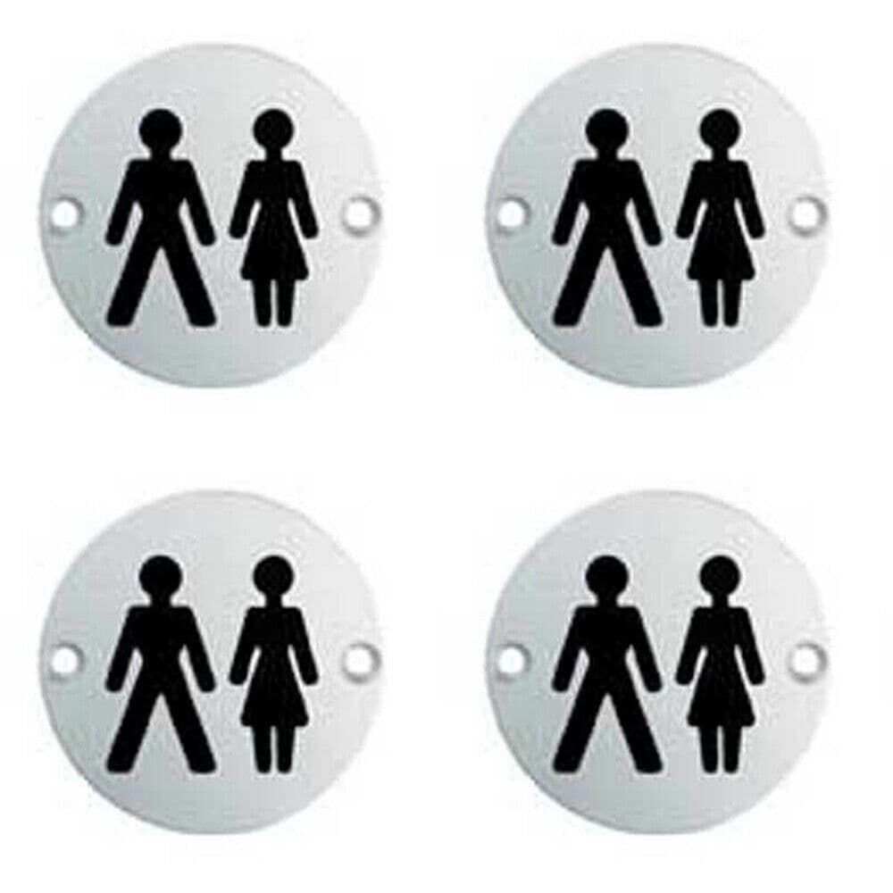 4x Bathroom Door Unisex Symbol Sign 64mm Fixing Centres 76mm Dia Polished Steel