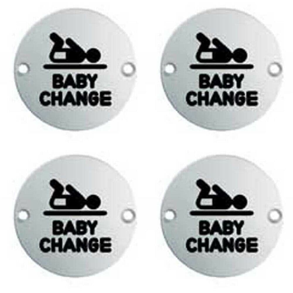 4x Bathroom Door Baby Change Sign 64mm Fixing Centres 76mm Dia Polished Steel
