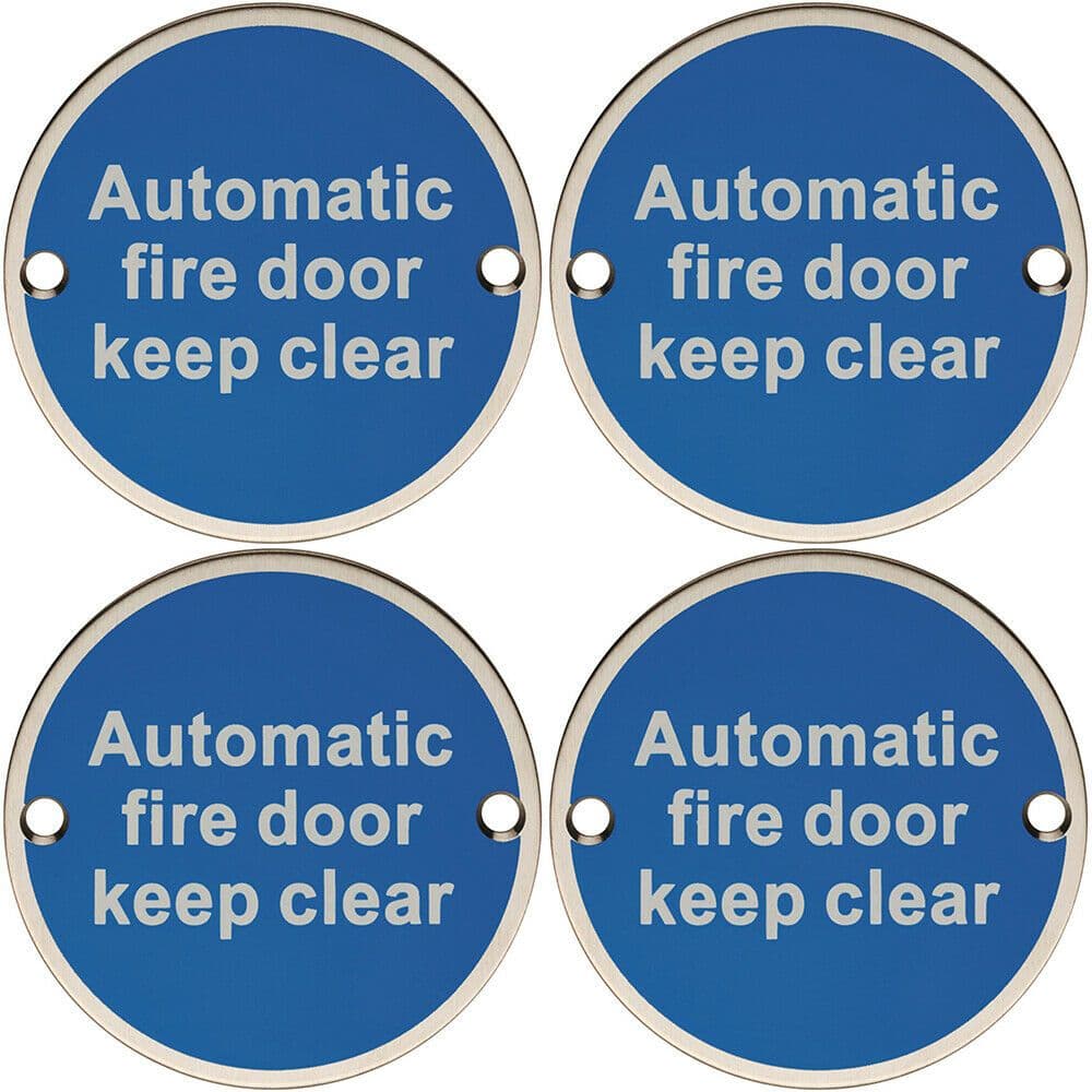 4x Automatic Fire Door Keep Clear Plaque 76mm Diameter Bright Stainless Steel