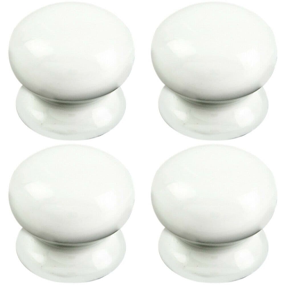 4x Round Porcelain Cupboard Door Knob 30mm Diameter White Antique Cabinet Handle