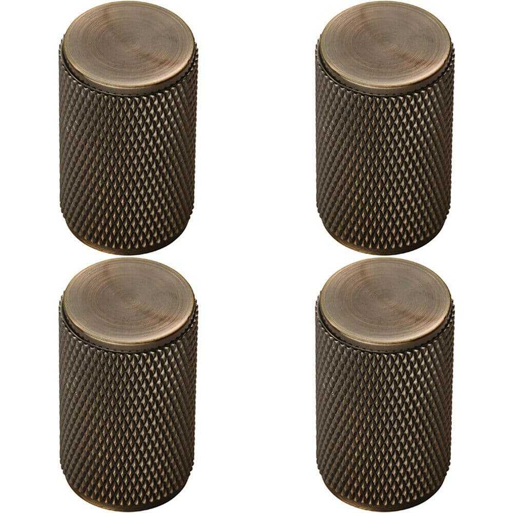 4x Knurled Cylindrical Cupboard Door Knob 18mm Dia Antique Brass Cabinet Handle