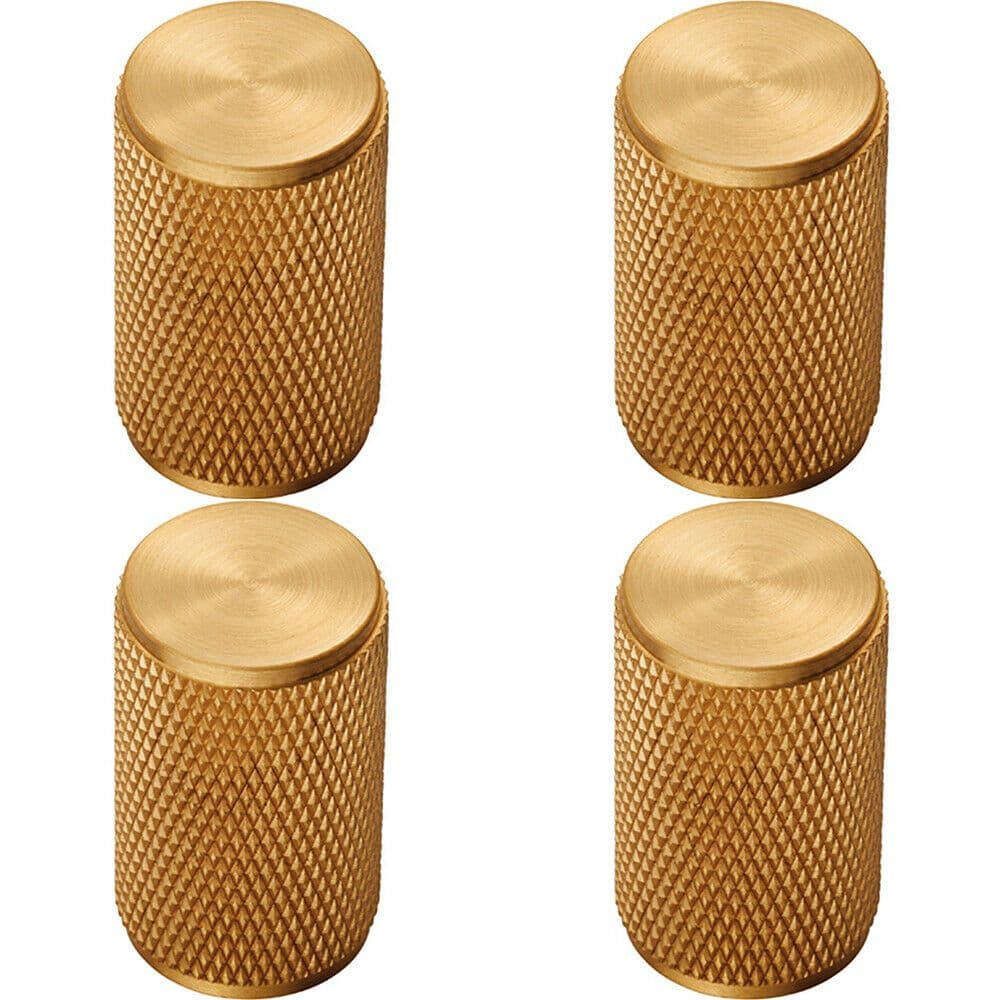 4x Knurled Cylindrical Cupboard Door Knob 18mm Dia Satin Brass Cabinet Handle