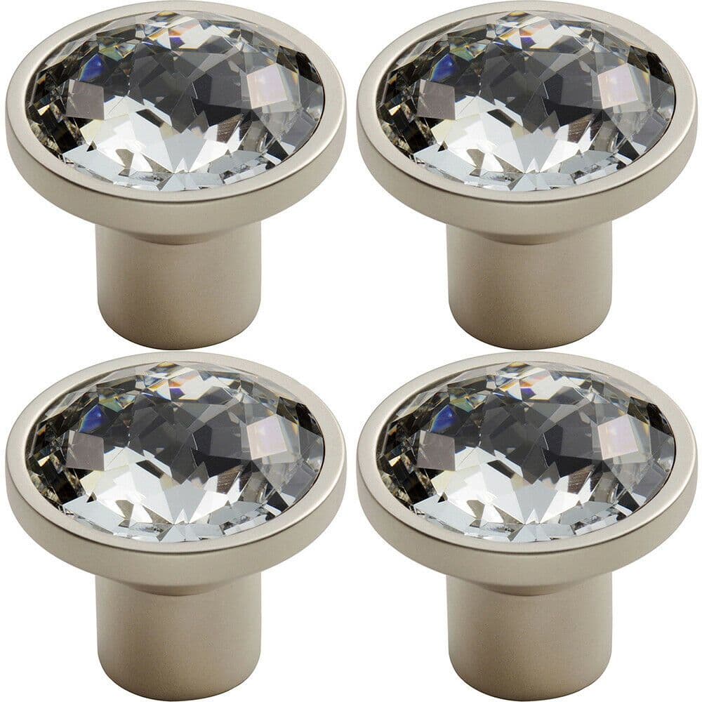 4x Round Faceted Crystal Cupboard Door Knob 34mm Diameter Satin Nickel