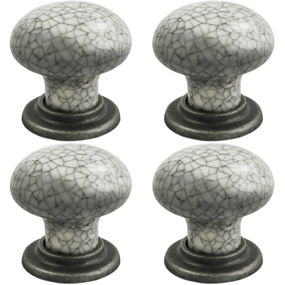 4x Porcelain Mushroom Cupboard Door Knob 36mm Dia Antique Steel Glaze
