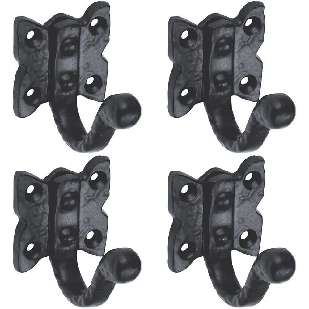4x Single Ornate Wardrobe Hook on Butterfly Backplate 47mm Proj Black Antique