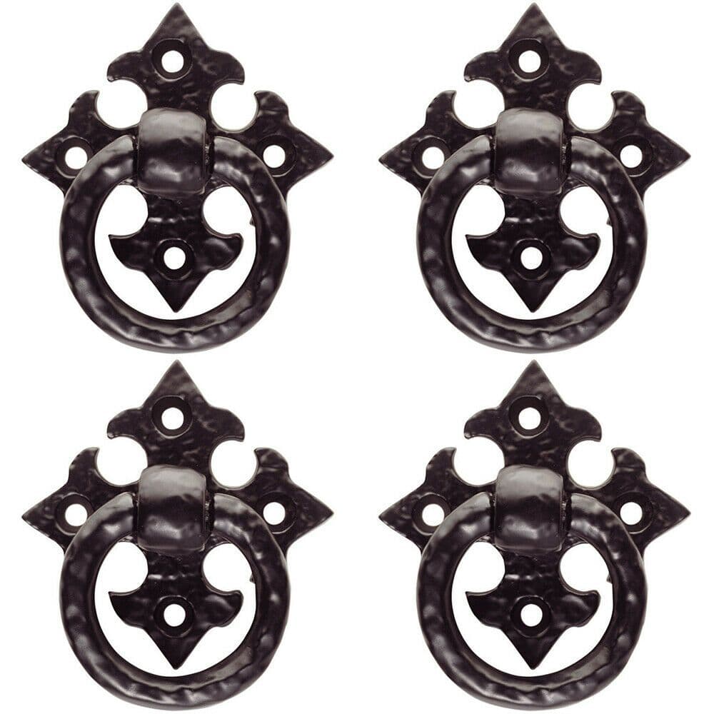 4x Ornate Cabinet Ring Pull on Cross Backplate 35mm Fixing Centres Antique