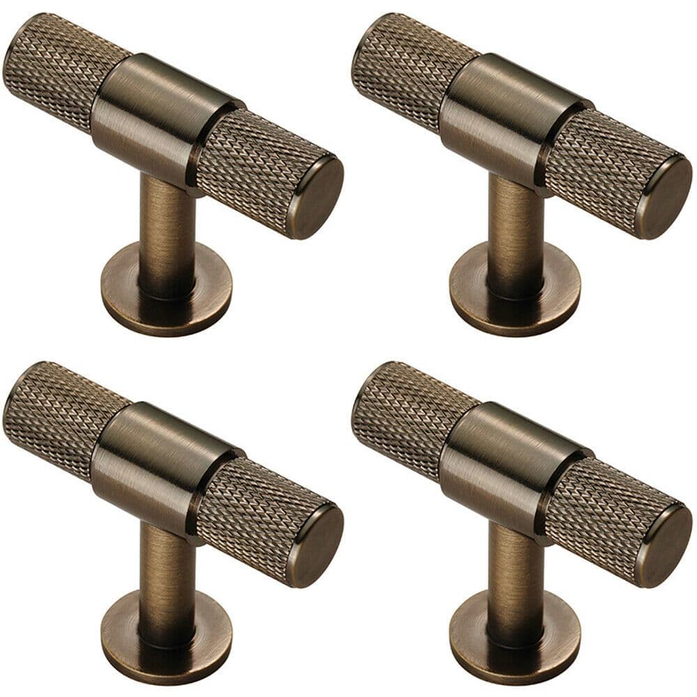 4x Knurled Cupboard T Shape Pull Handle 50 x 13mm Antique Brass Cabinet Handle
