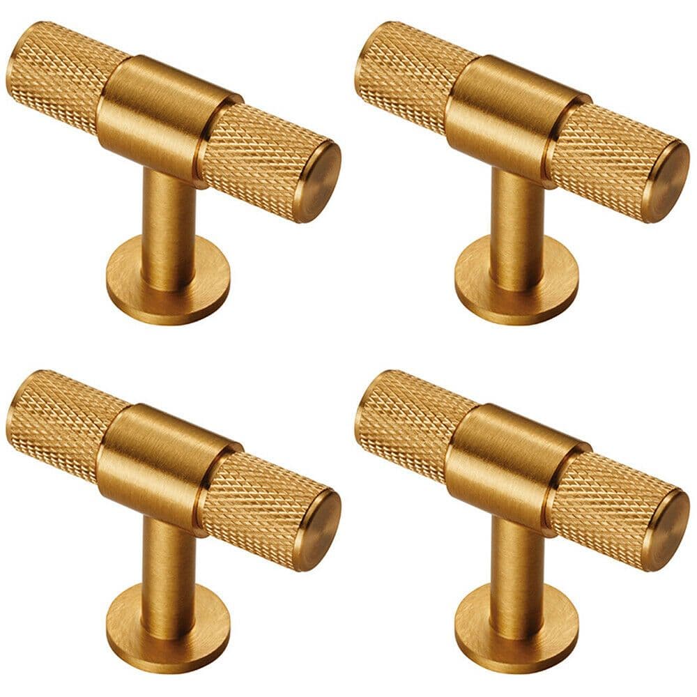 4x Knurled Cupboard T Shape Pull Handle 50 x 13mm Satin Brass Cabinet Handle