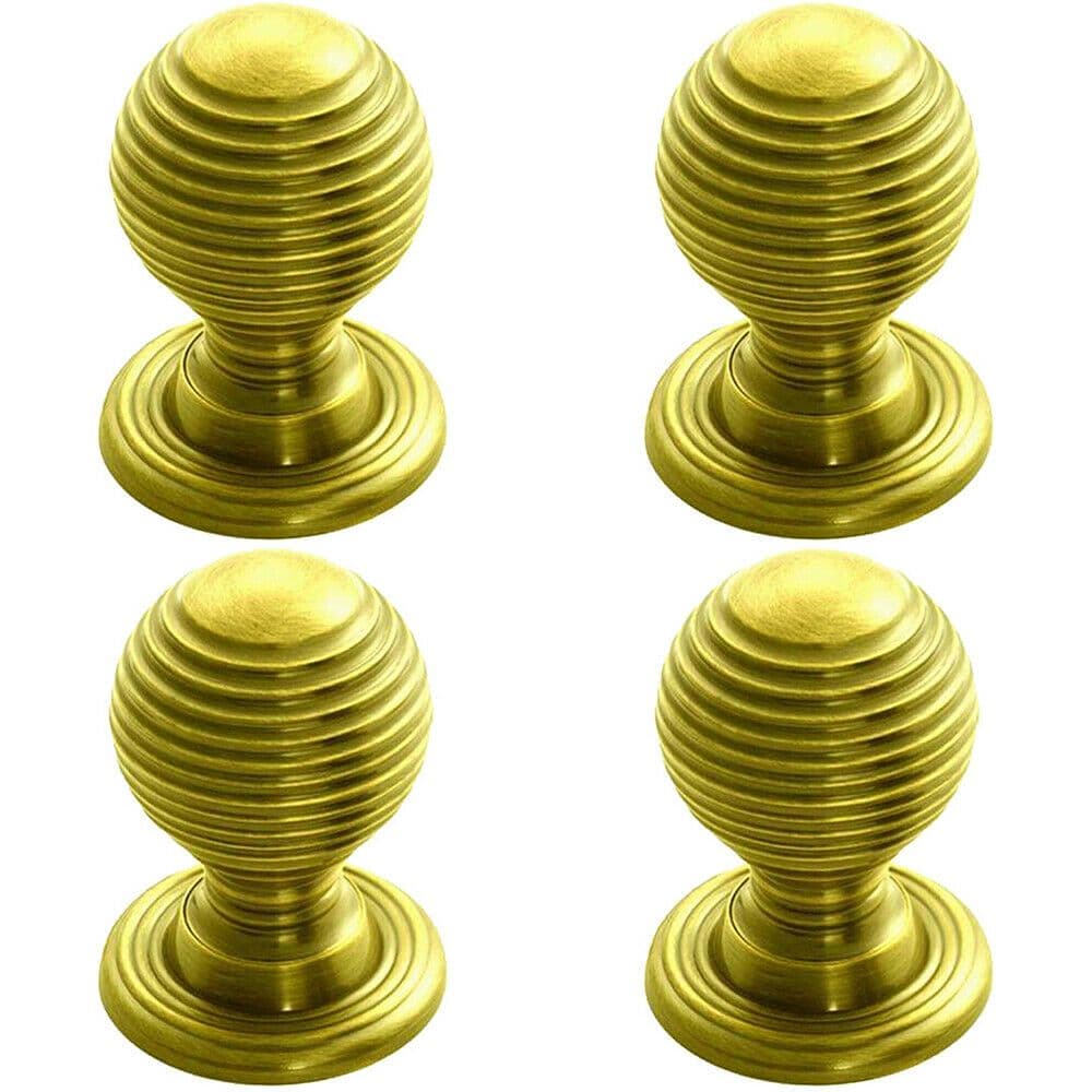 4x Textured Reeded Ball Cupboard Door Knob 28mm Dia Polished Brass Handle