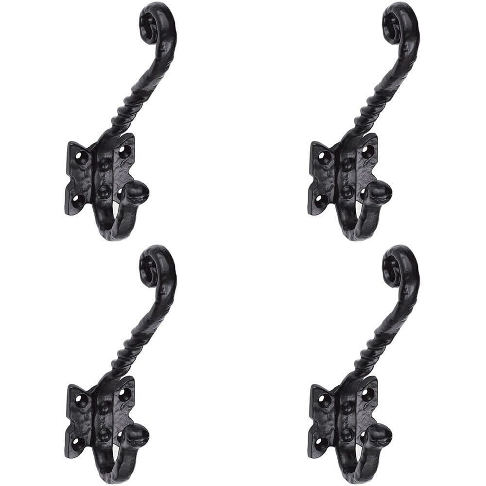 4x Ornate Twisted Hat & Coat Hook on Butterfly Backplate 82mm Proj Antique