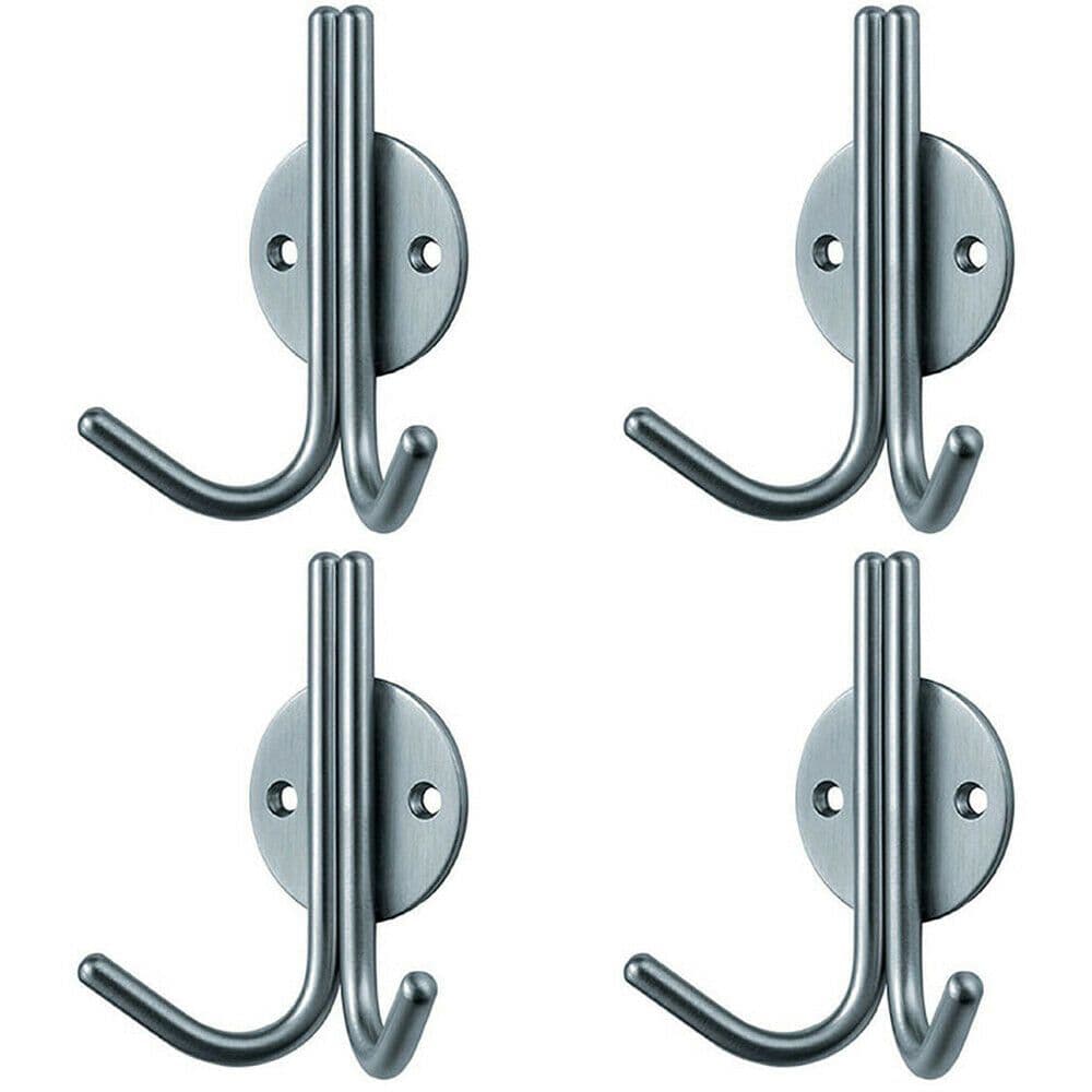 4x Slimline Double Coat Hook on Round 35mm Projection Satin Stainless Steel
