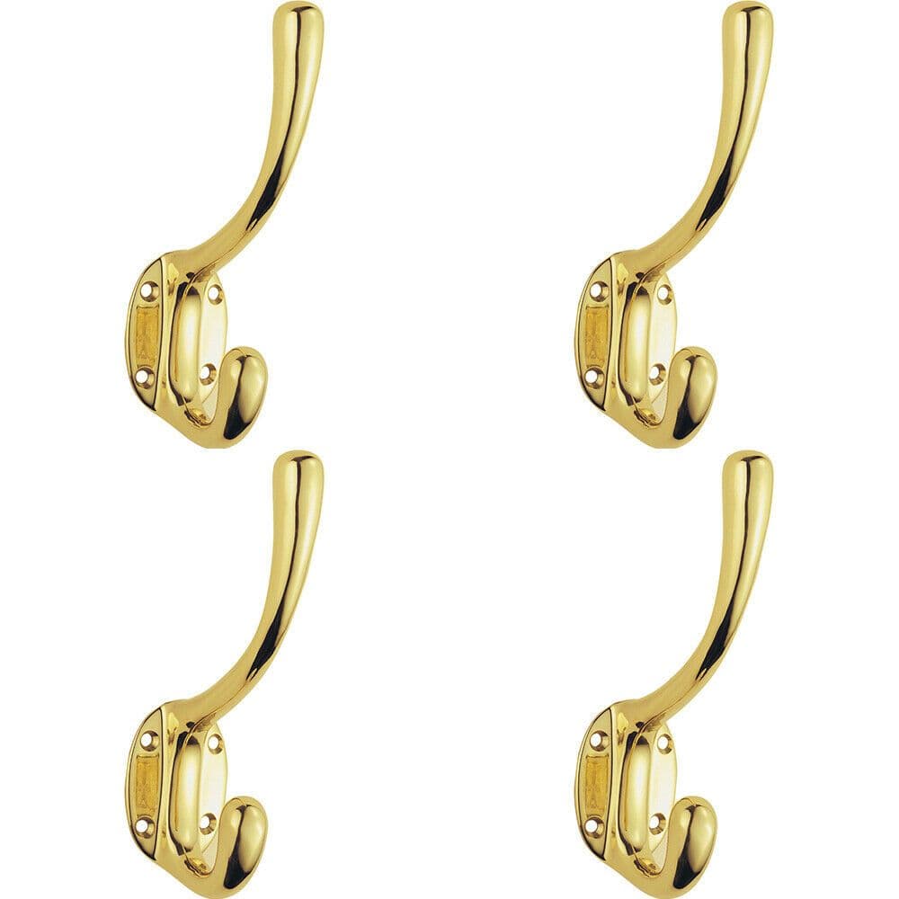 4x Heavyweight One Piece Hat & Coat Hook 76mm Projection Polished Brass