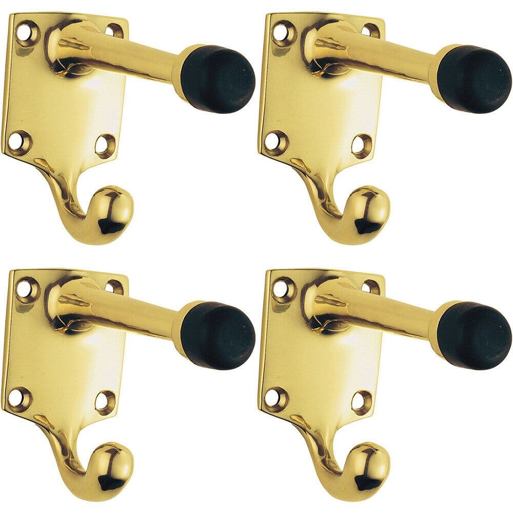4x One Piece Hat & Coat Hook with Rubber Buffer 88mm Projection Polished Brass