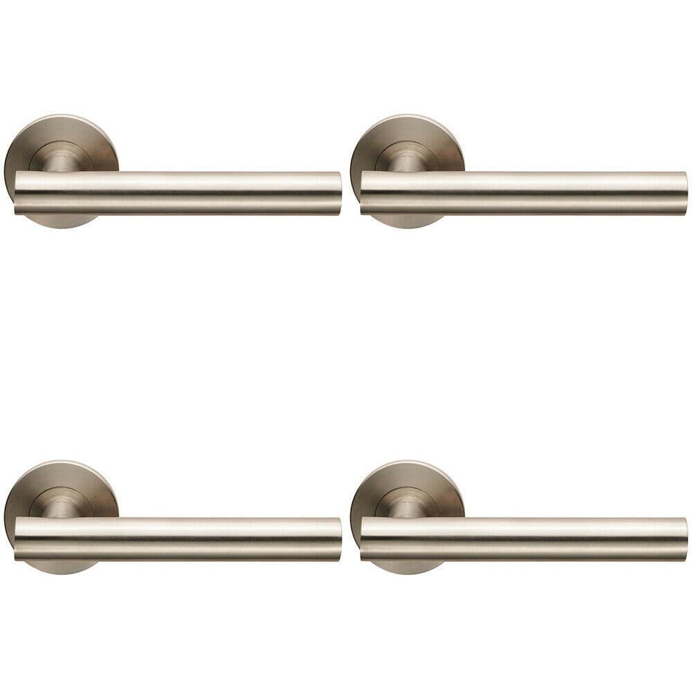 4x PAIR Straight Round T Bar Lever on Slim Round Rose Concealed Fix Satin Steel