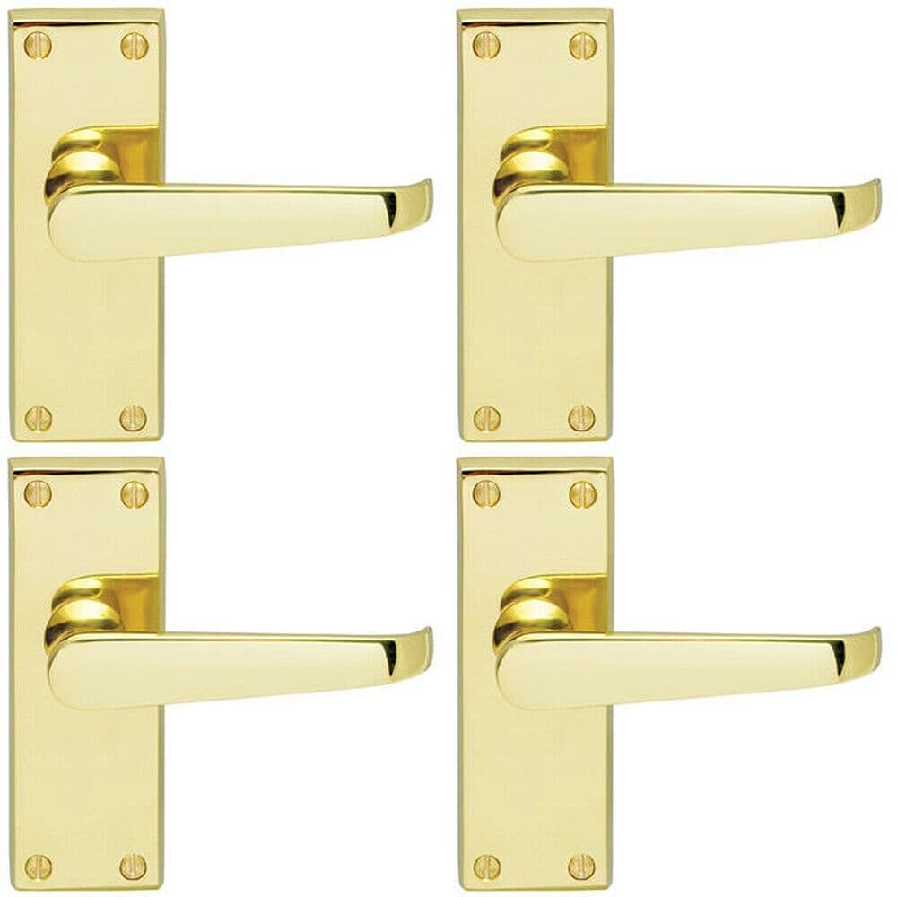 4x Straight Victorian Lever on Rectangular Latch Backplate Handle Polished Brass