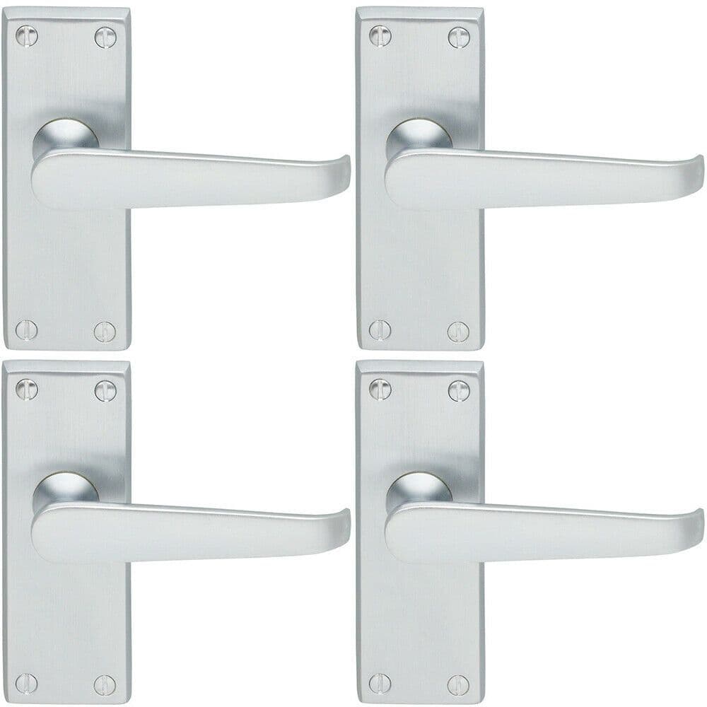 4x Straight Victorian Lever on Rectangular Latch Backplate Handle Satin Chrome