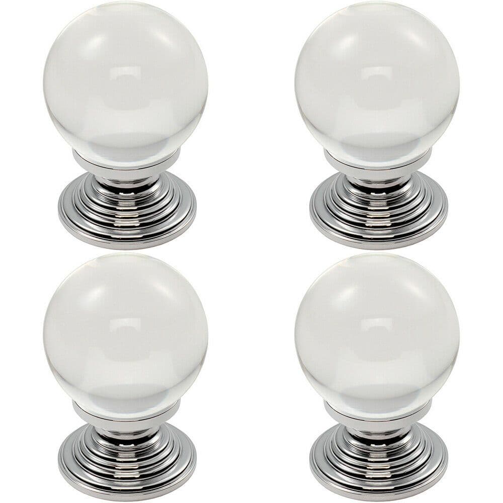 4x Crystal Ball Cupboard Door Knob 34mm Diameter Clear Translucent & Chrome