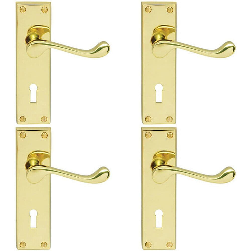 4x Victorian Scroll Lever on Rectangular Lock Backplate 155 x 41mm Brass