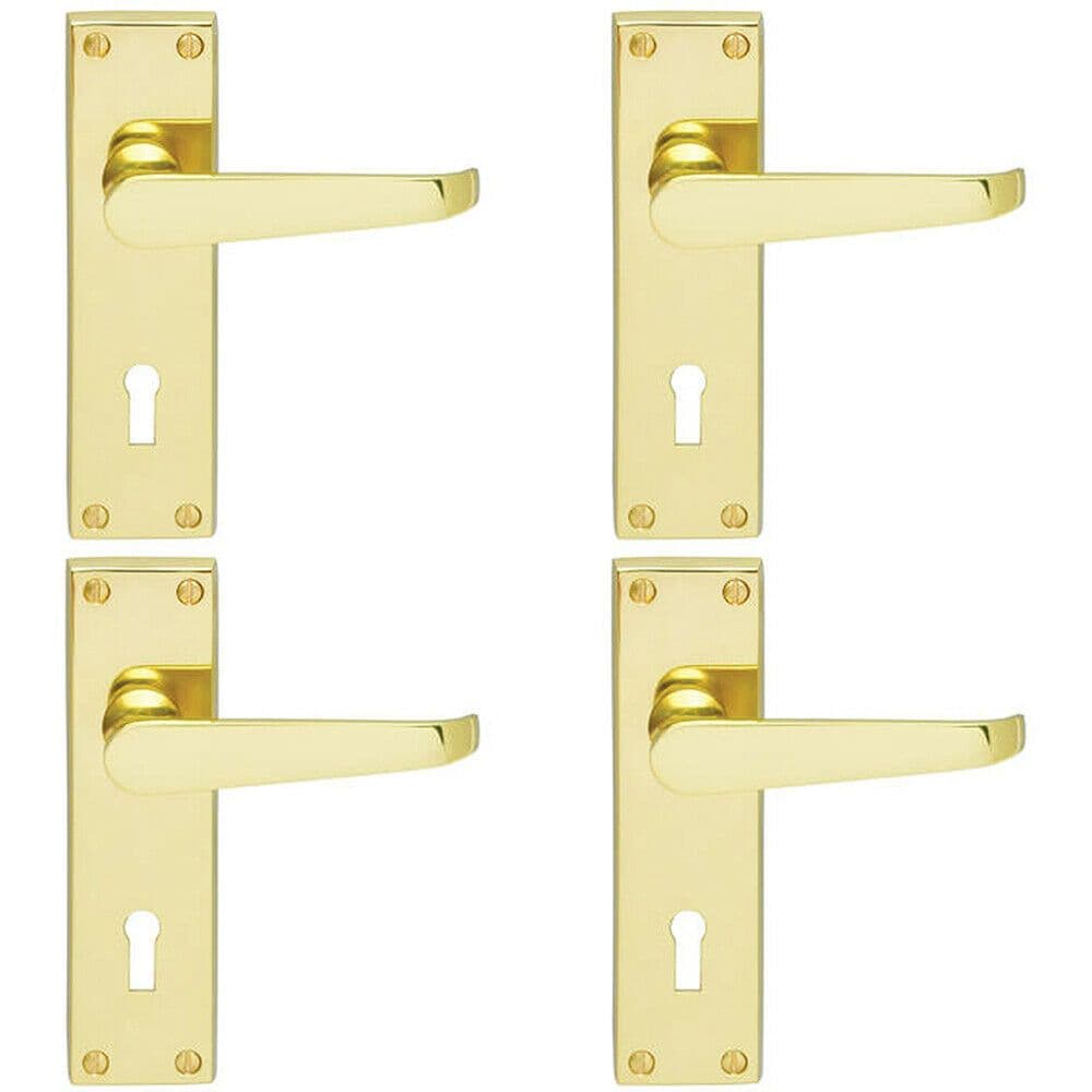 4x PAIR Victorian Flat Lever on Lock Backplate Handle 150 x 42mm Polished Brass