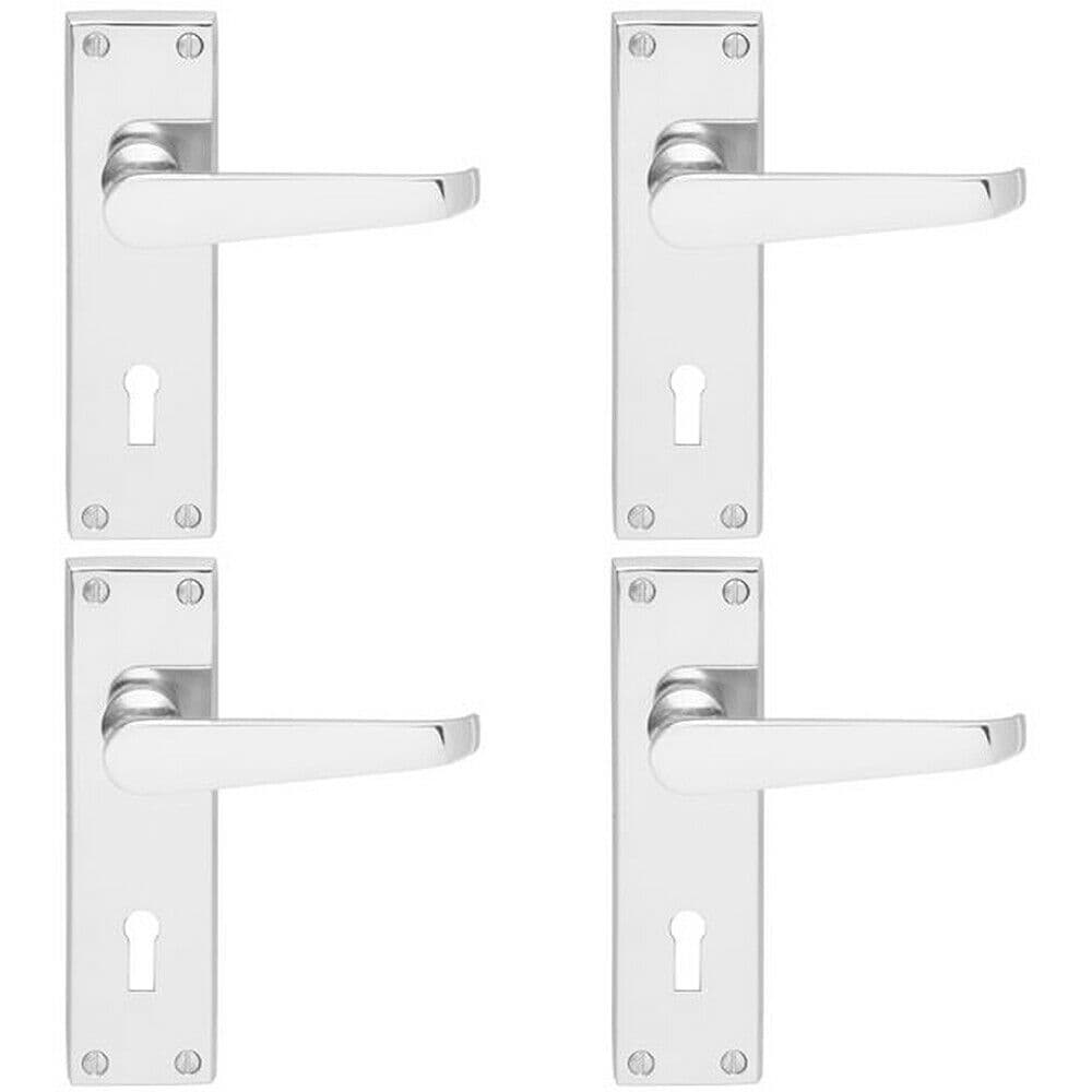 4x Victorian Flat Lever on Lock Backplate Handle 150 x 42mm Polished Chrome