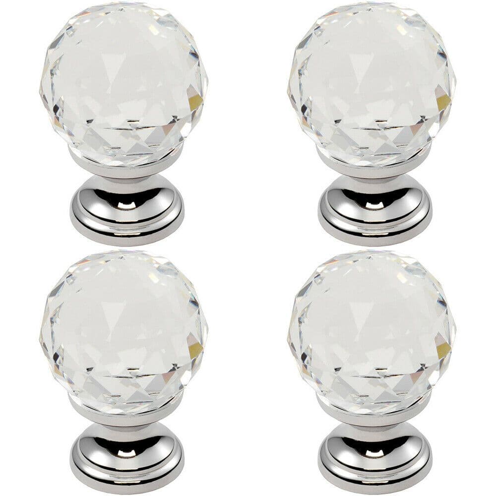 4x Faceted Crystal Cupboard Door Knob 31mm Dia Polished Chrome Cabinet Handle