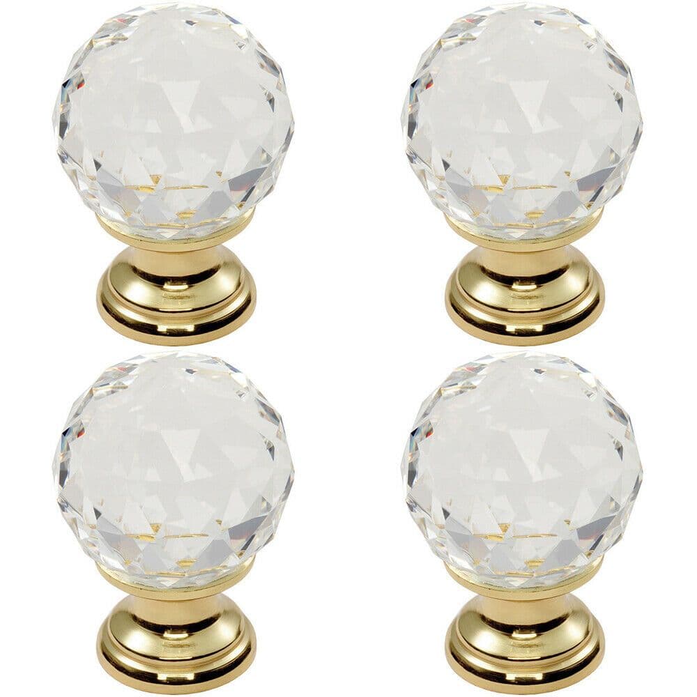 4x Faceted Crystal Cupboard Door Knob 35mm Dia Polished Brass Cabinet Handle