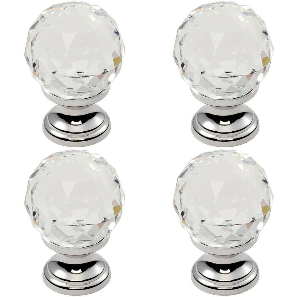 4x Faceted Crystal Cupboard Door Knob 35mm Dia Polished Chrome Cabinet Handle