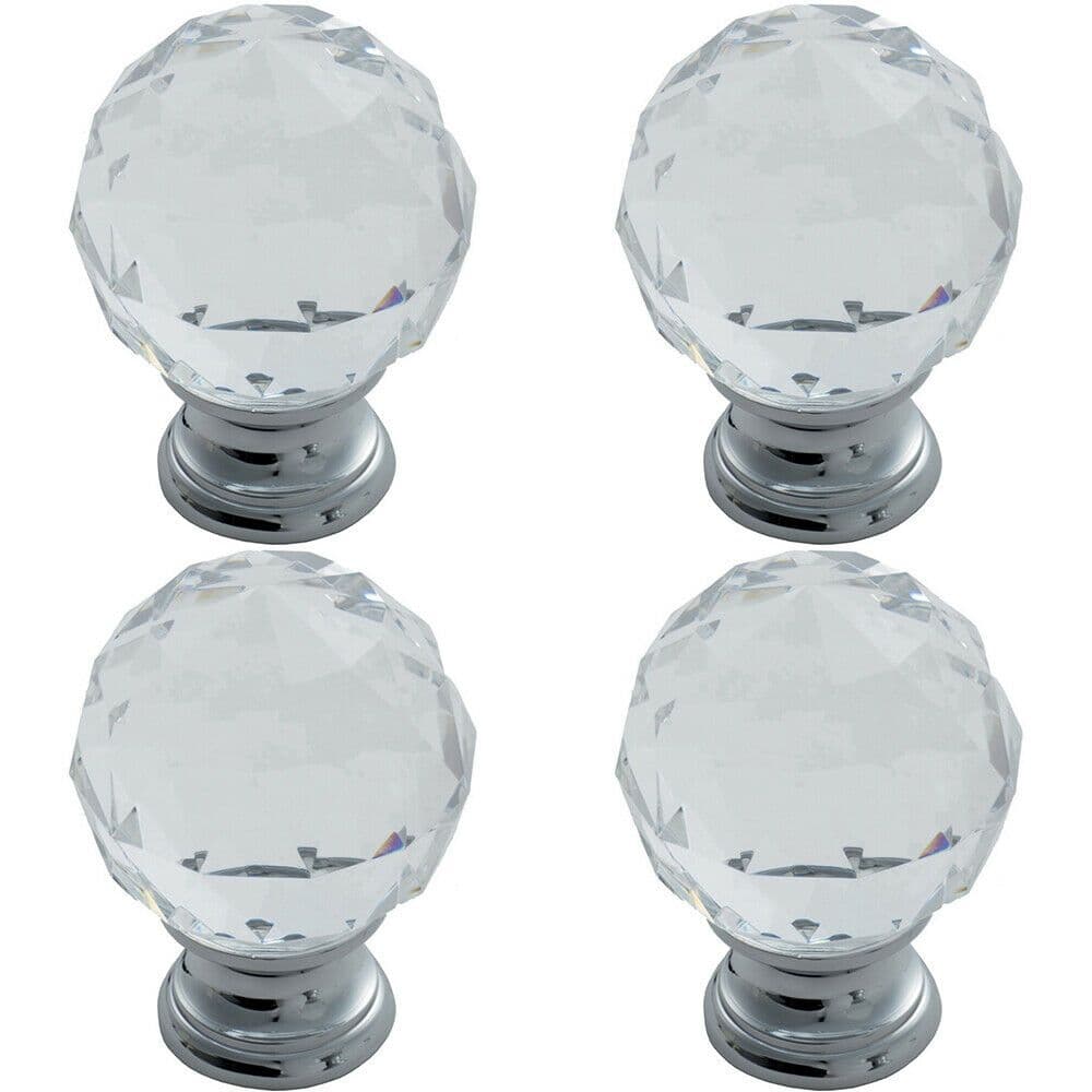 4x Faceted Crystal Cupboard Door Knob 40mm Dia Polished Chrome Cabinet Handle
