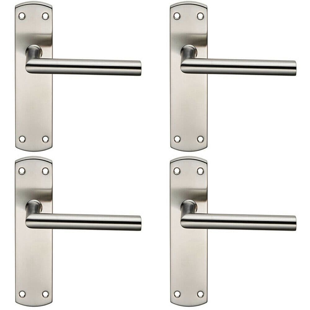 4x Mitred Lever Door Handle on Latch Backplate 172 x 44mm Satin Steel