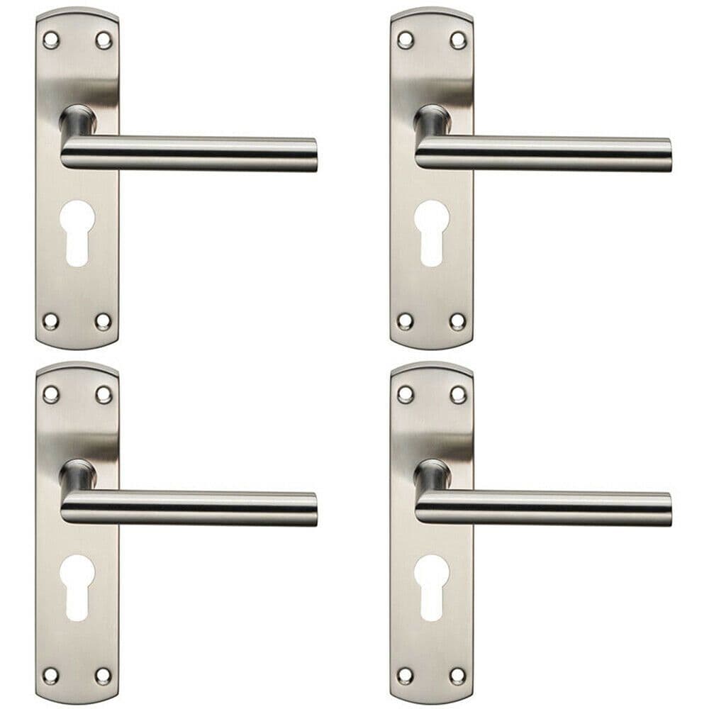 4x Mitred Lever Door Handle on Euro Lock Backplate 172 x 44mm Satin Steel