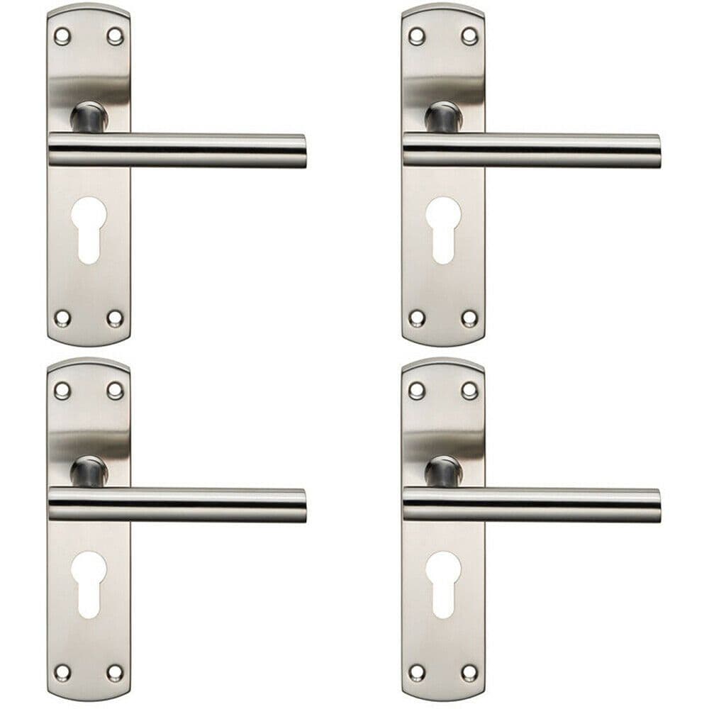 4x Mitred T Bar Lever Door Handle on Euro Lock Backplate 172 x 44mm Satin Steel
