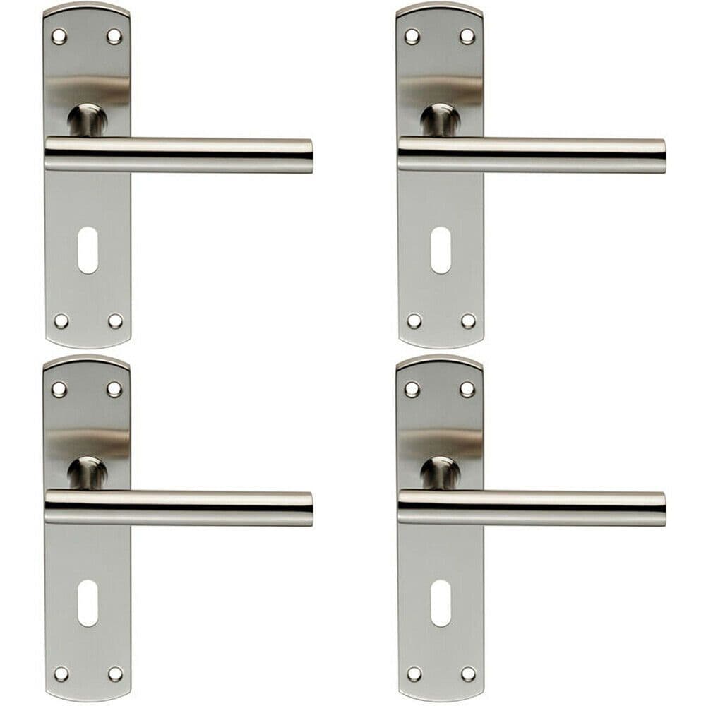 4x Mitred T Bar Lever Door Handle on Lock Backplate 172 x 44mm Satin Steel